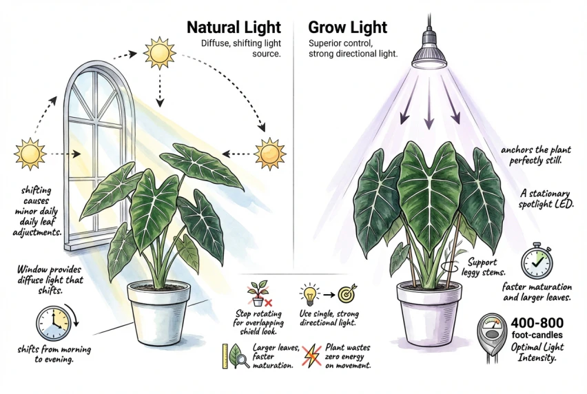Illustration comparing a plant under a fixed overhead grow light with a plant near a window whose light changes through the day.