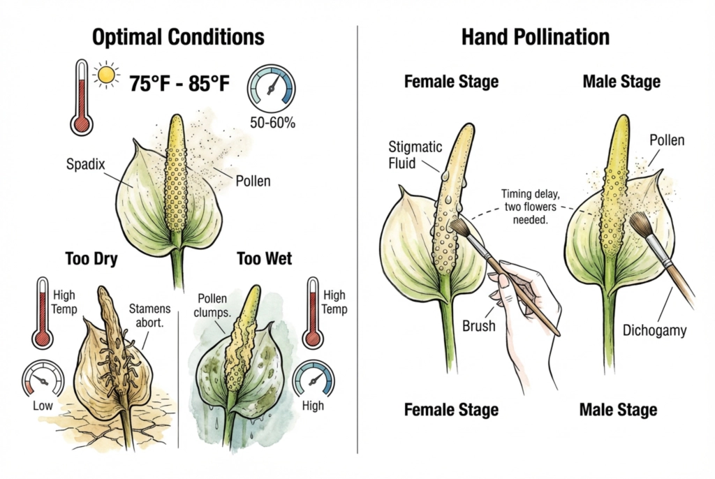 Illustration suggesting warm, moderately humid conditions and dry pollen handling for hand pollination.