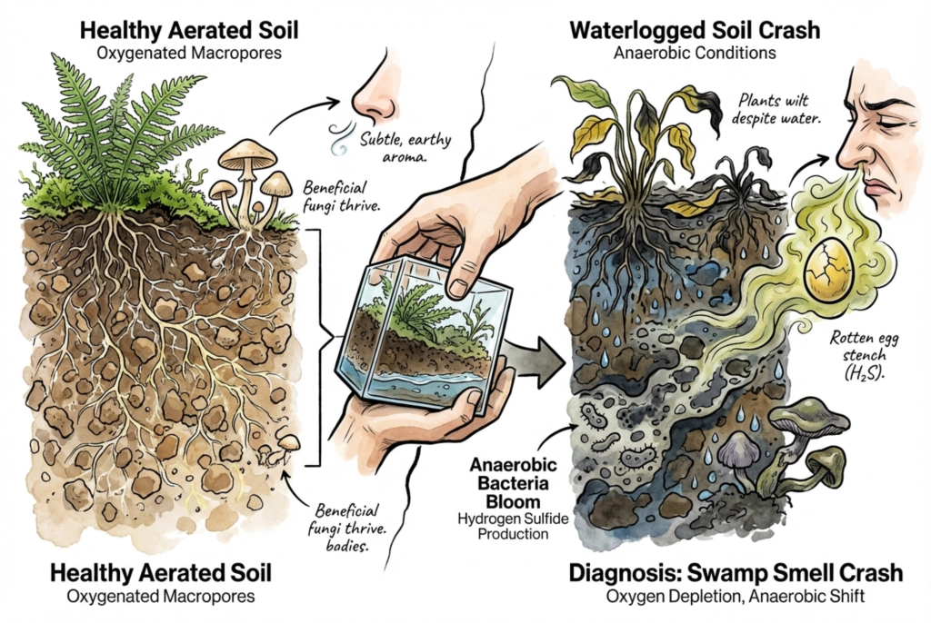 Comparison of aerated substrate with air-filled pore space against waterlogged substrate where flooded pores can create low-oxygen microsites.