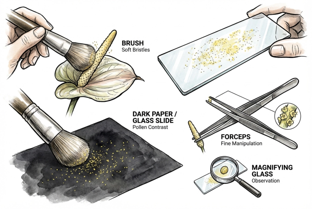 Illustration of basic hand-pollination tools: a soft brush, a dark card for contrast, and a magnifier.