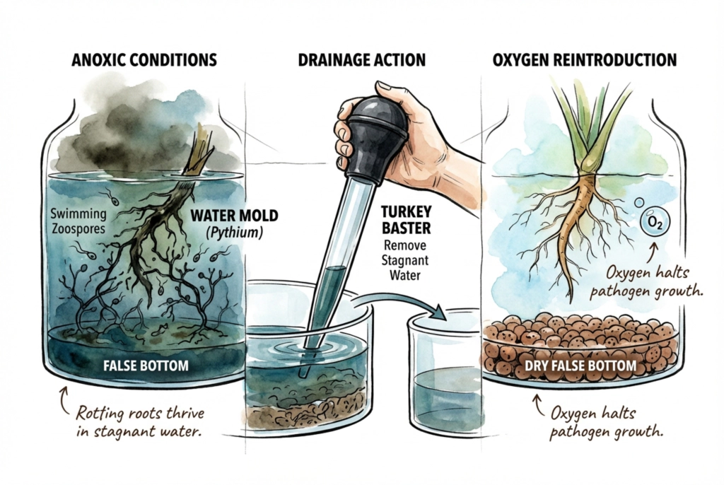 Draining excess reservoir water from a false bottom with a siphon to reduce standing water around the substrate.