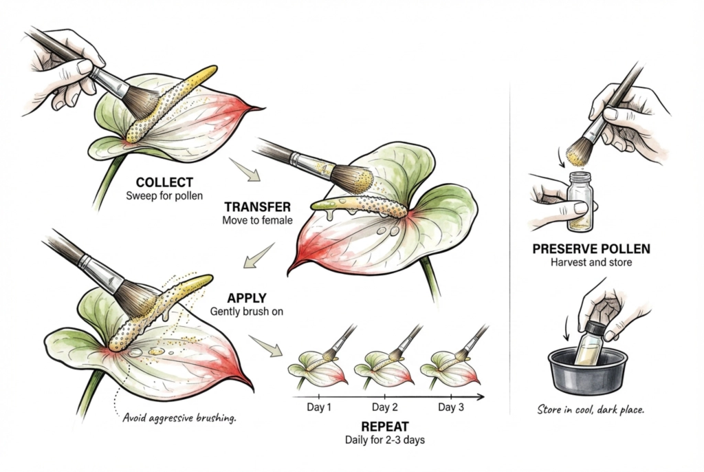 Illustration of the hand-pollination steps: collect pollen with a brush, transfer to the receptive stigma, apply gently, and repeat.