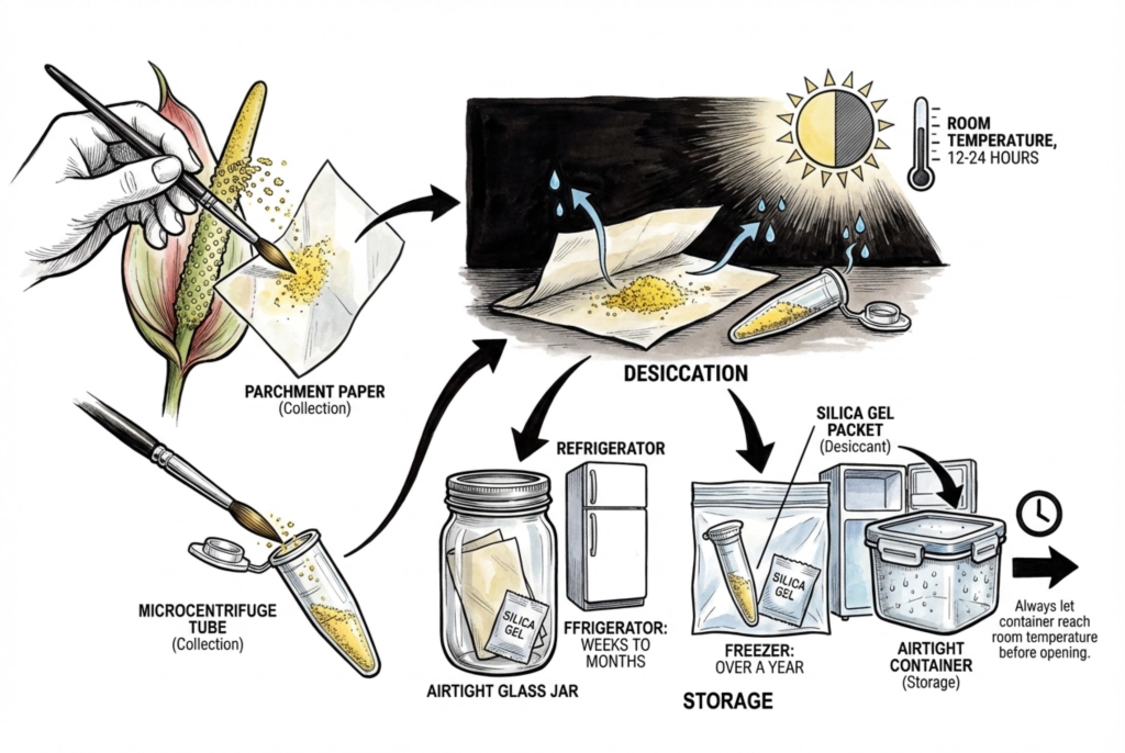 Illustration of collecting pollen, drying it, and storing it cold in a sealed container with a separate desiccant, warming it before opening.