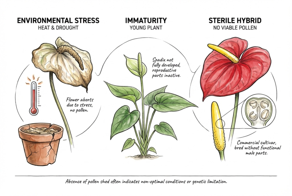 Illustration of possible reasons no pollen appears: immaturity, stress, or genetic sterility.
