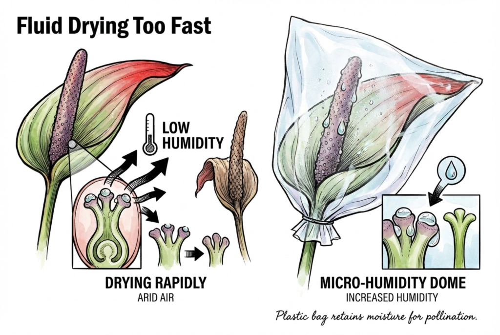 Illustration suggesting checking humidity when stigmatic fluid appears to disappear quickly.