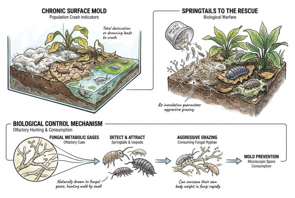Springtails grazing on fungal growth on a substrate surface as part of a bioactive cleanup crew.
