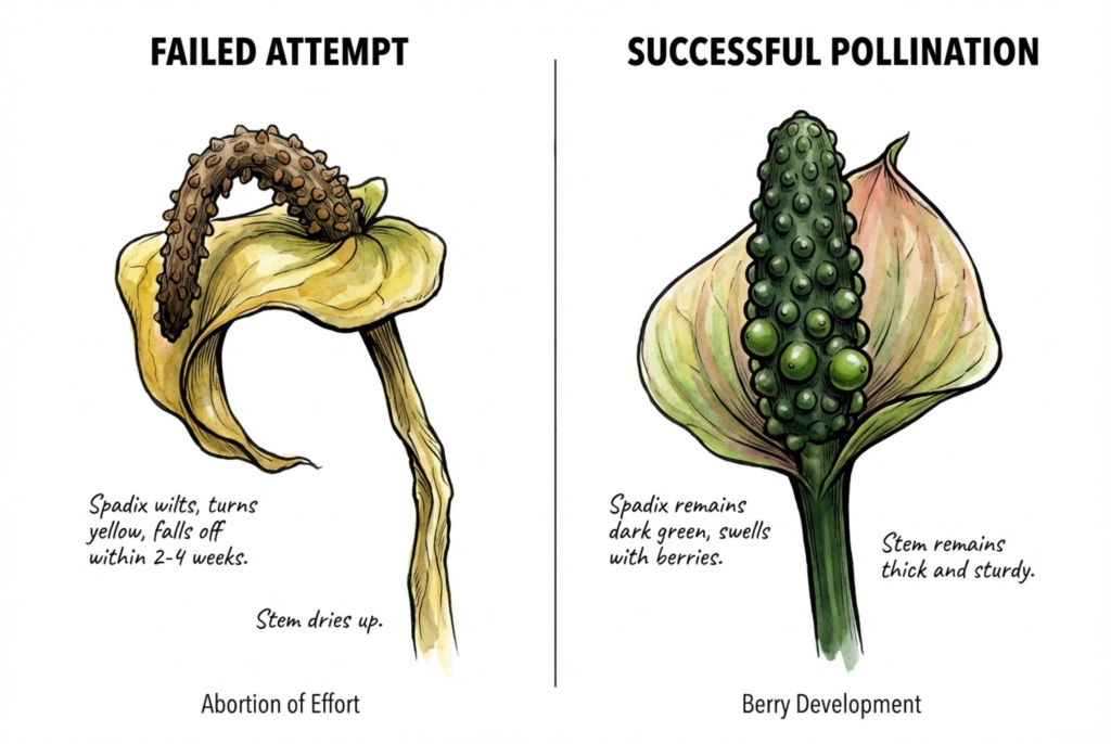 Illustration comparing a swelling, developing spadix with one that is yellowing and senescing.