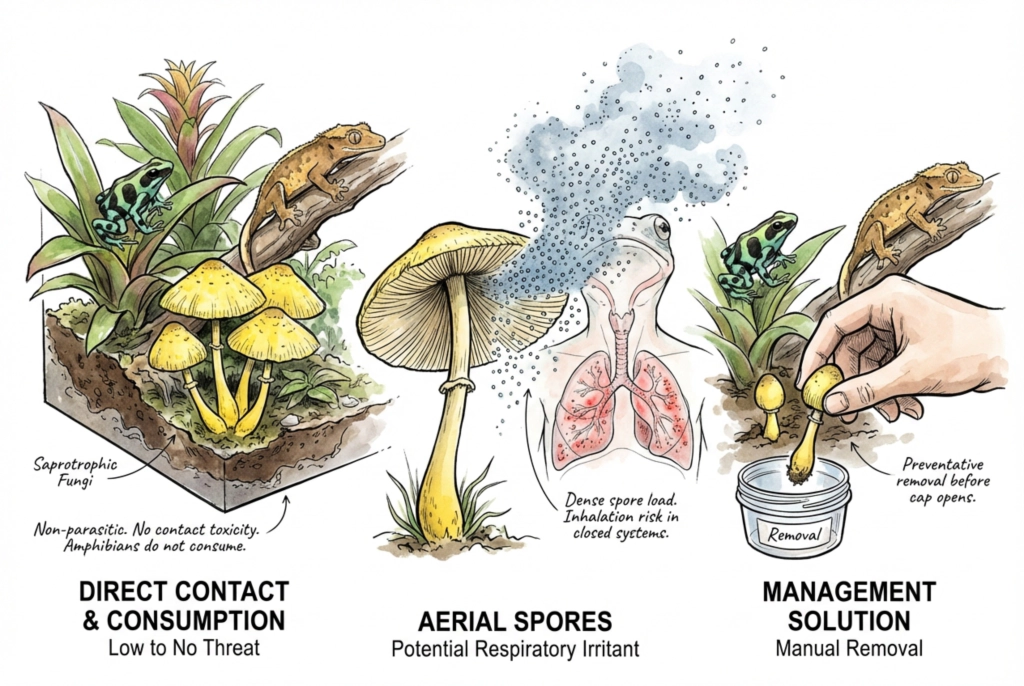 A hand removing a mushroom fruiting body from a vivarium before the cap opens, alongside a note to consider the resident species.