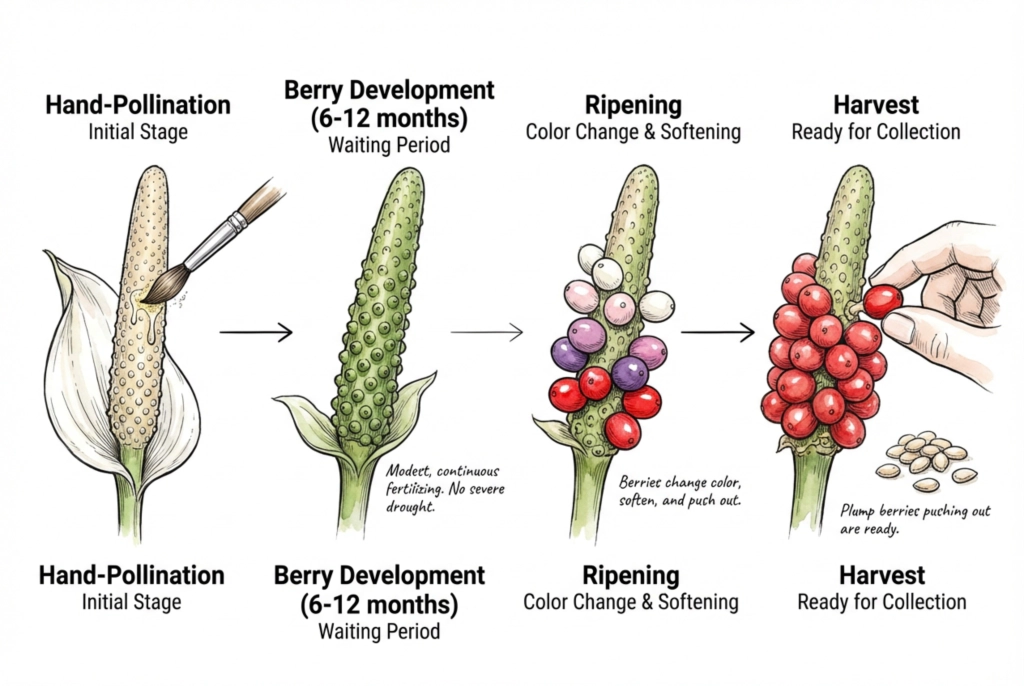 Illustration of berries enlarging on the spadix over a period of months as they mature.