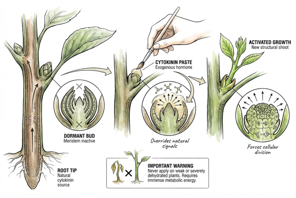 Diagram of a dormant axillary bud being treated with cytokinin paste and then breaking into a new shoot.