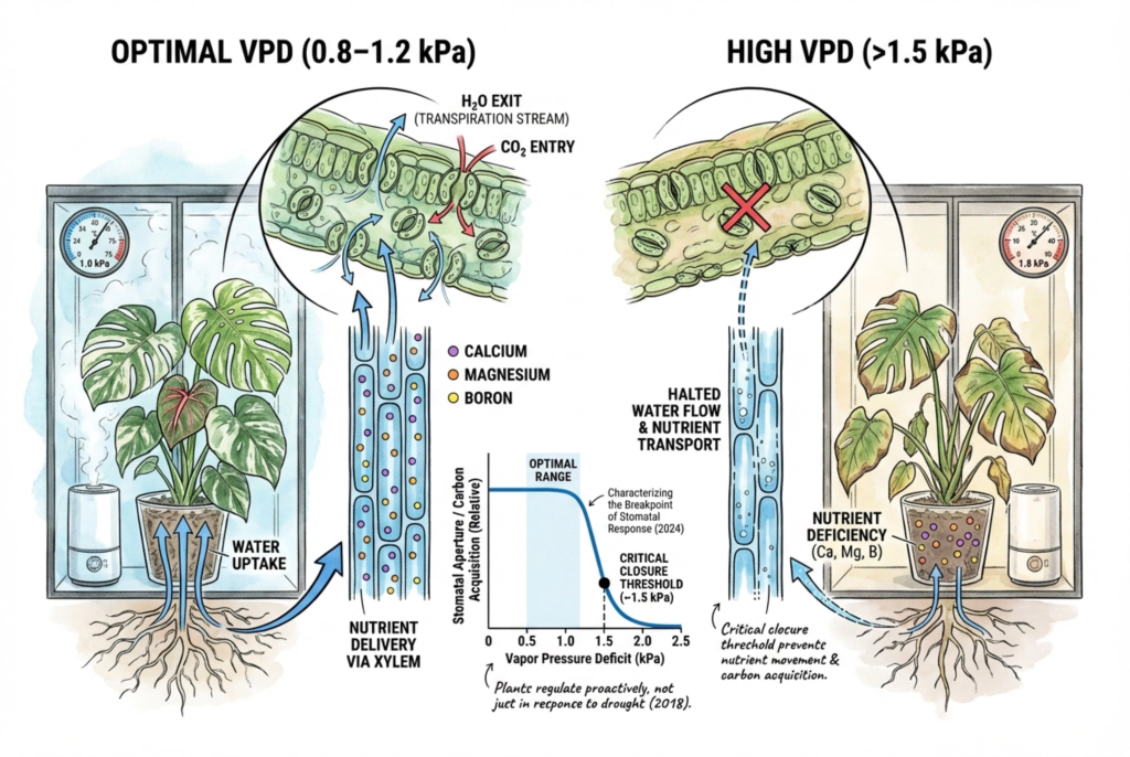 Ilustración conceptual del déficit de presión de vapor actuando sobre una hoja. Los valores son ilustrativos, no datos medidos.