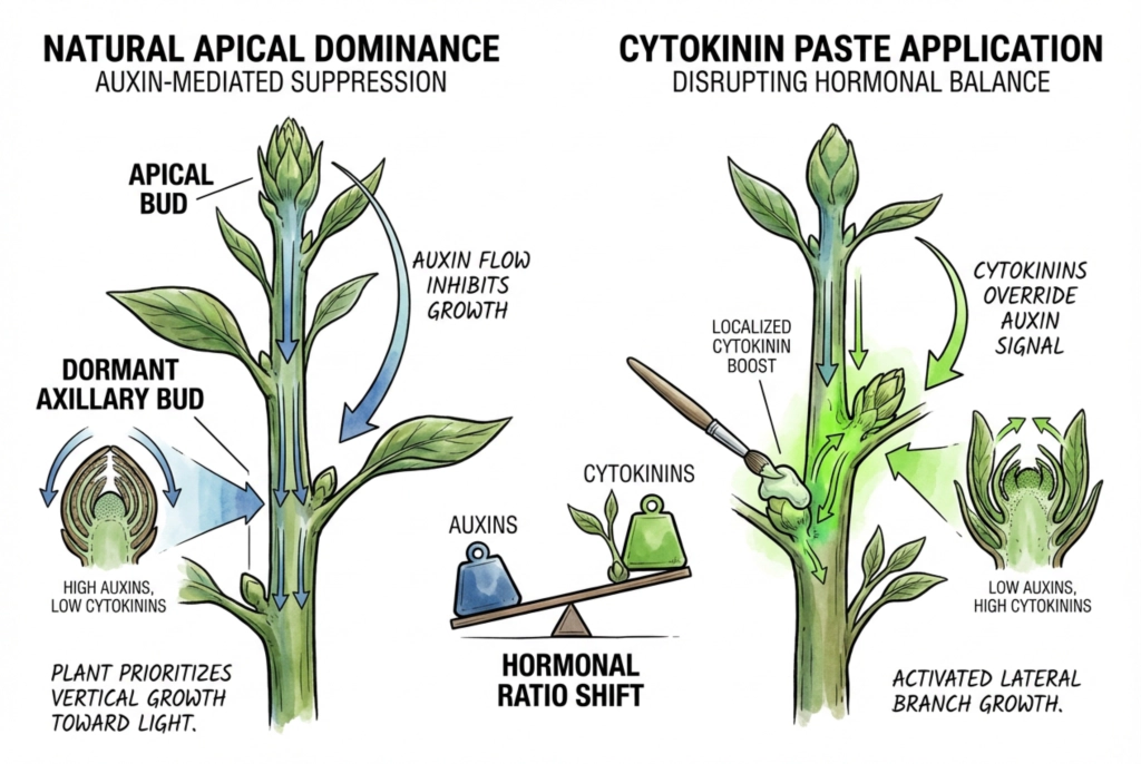 Diagram contrasting a dormant lower bud under apical dominance with an activated bud after the local hormone balance shifts.
