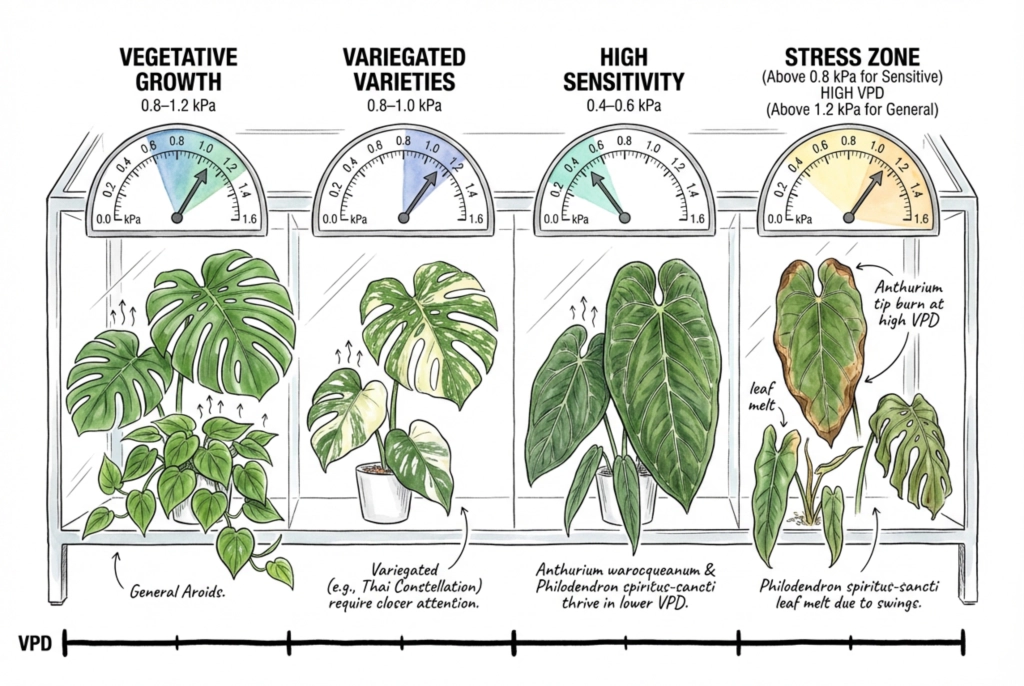Gráfico conceptual de rangos iniciales aproximados de VPD para distintos grupos de plantas. Los rangos no son umbrales medidos.