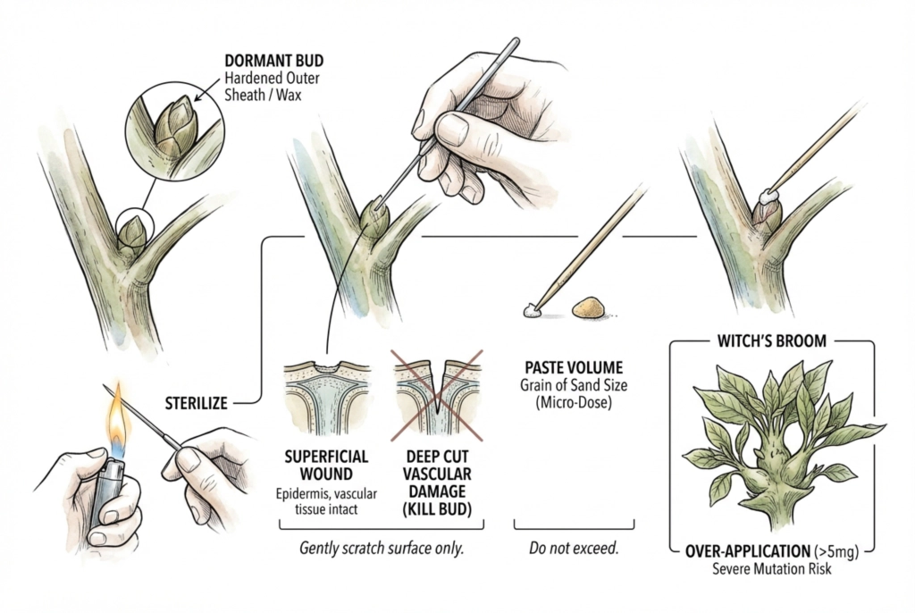 Close-up illustration of a small dab of paste being applied to a plant node with a toothpick.