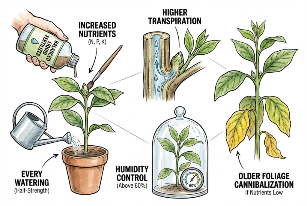Illustration linking fertilizer, watering, and humidity to healthy new growth after a paste application.
