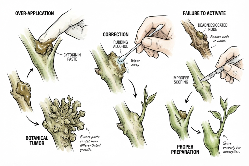 Illustration comparing an over-applied node with clustered malformed shoots to a node that failed to respond.