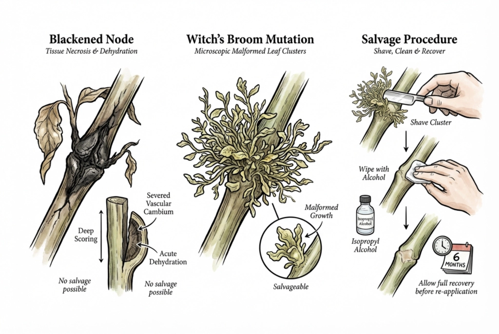Illustration of a blackened node and a cluster of malformed shoots as two signs of a problem application.