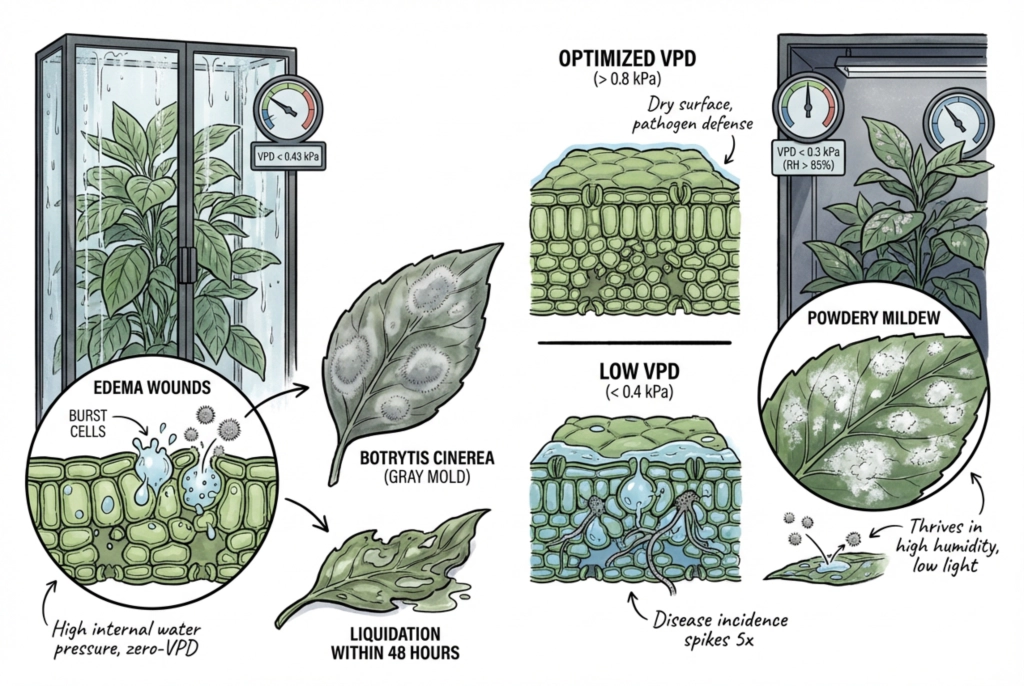 Ilustración conceptual de las condiciones que favorecen Botrytis y el moho en un gabinete húmedo para plantas.