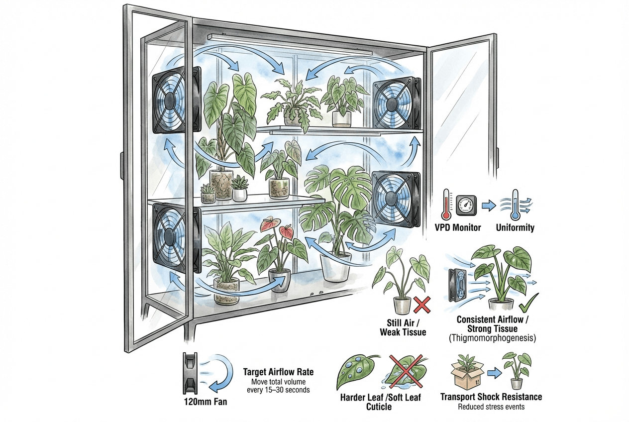 Ilustración conceptual de una distribución de ventiladores dentro de un gabinete alto para plantas estilo IKEA.