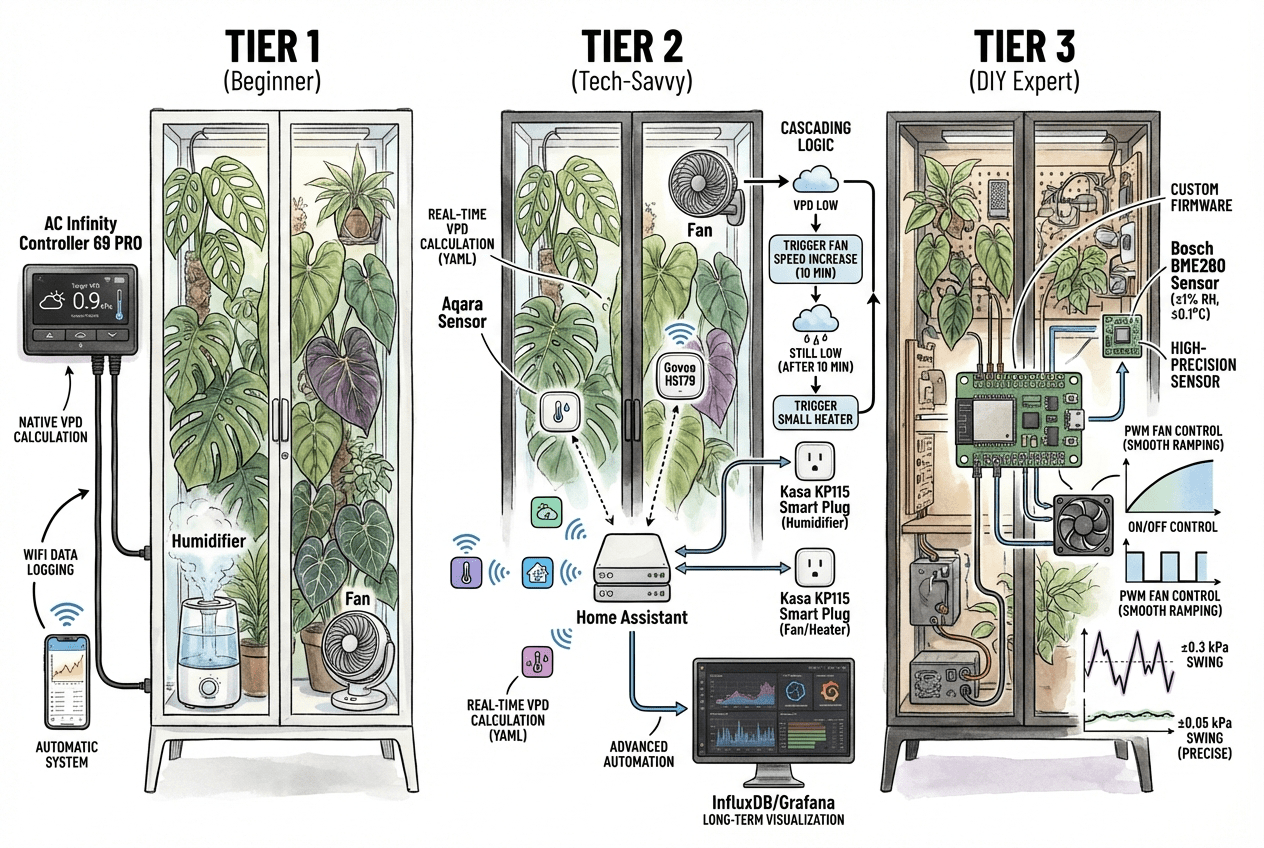 Ilustración conceptual de un controlador de VPD que gestiona un humidificador y ventiladores en un gabinete para plantas.