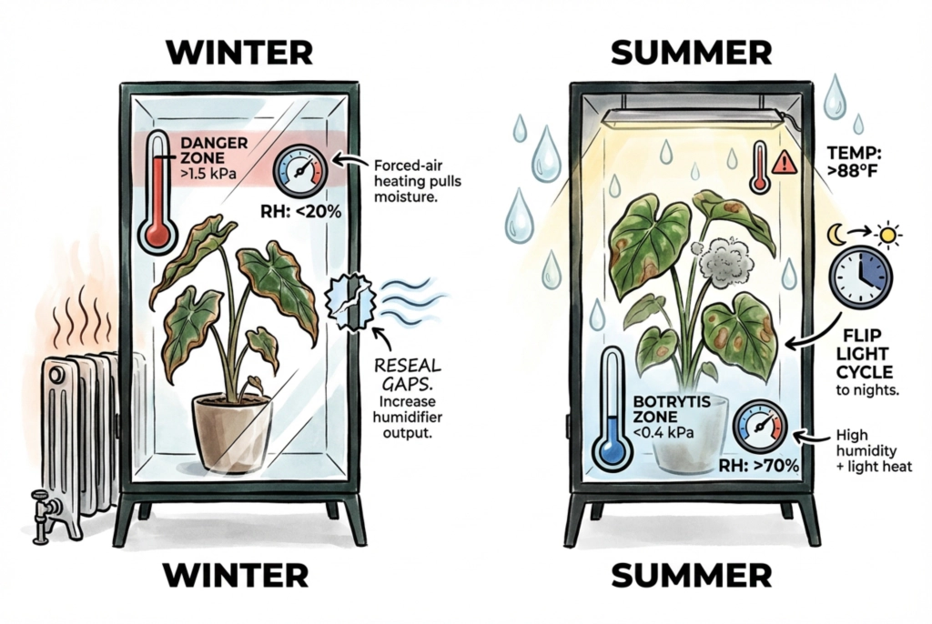 Ilustración conceptual de cómo las condiciones de invierno y verano cambian el VPD del gabinete.
