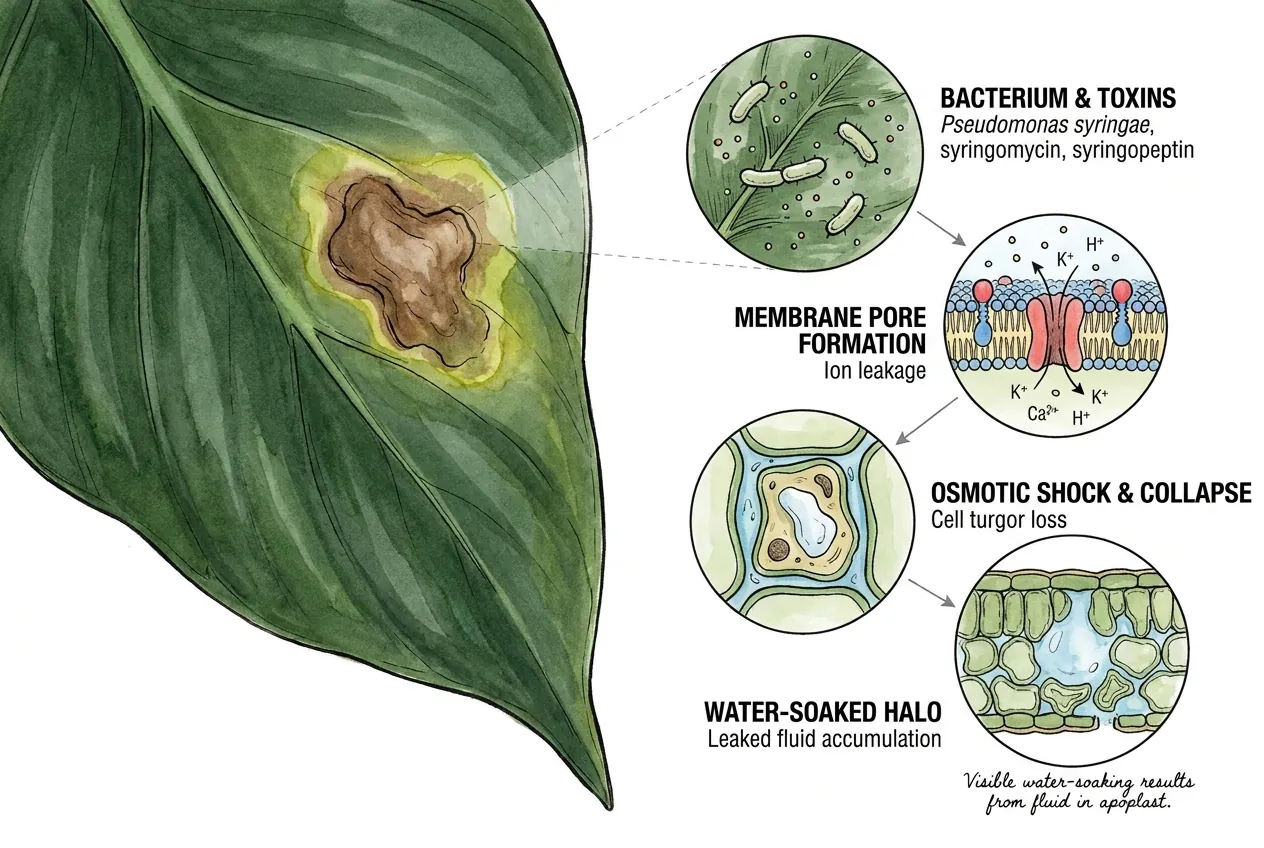 Illustration of a lipodepsipeptide toxin forming a pore in a plant cell membrane