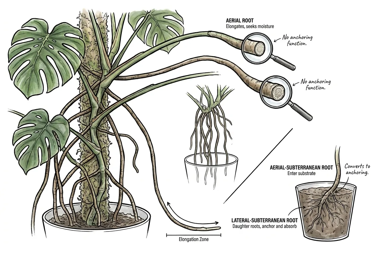 Diagram of a Monstera aerial root: growing in air, entering substrate, and forming side roots once anchored