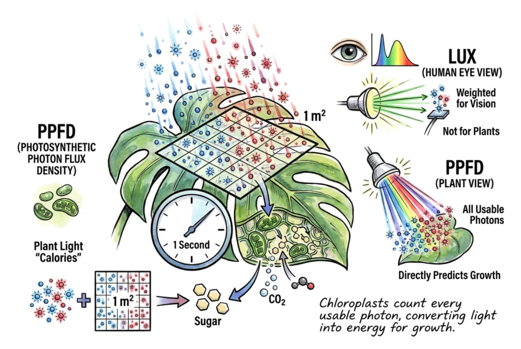 Diagrama de fotones que inciden en una hoja y muestra las longitudes de onda PAR