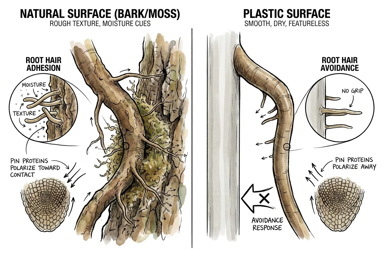 Comparison of root hairs on a rough, fibrous surface versus a smooth surface