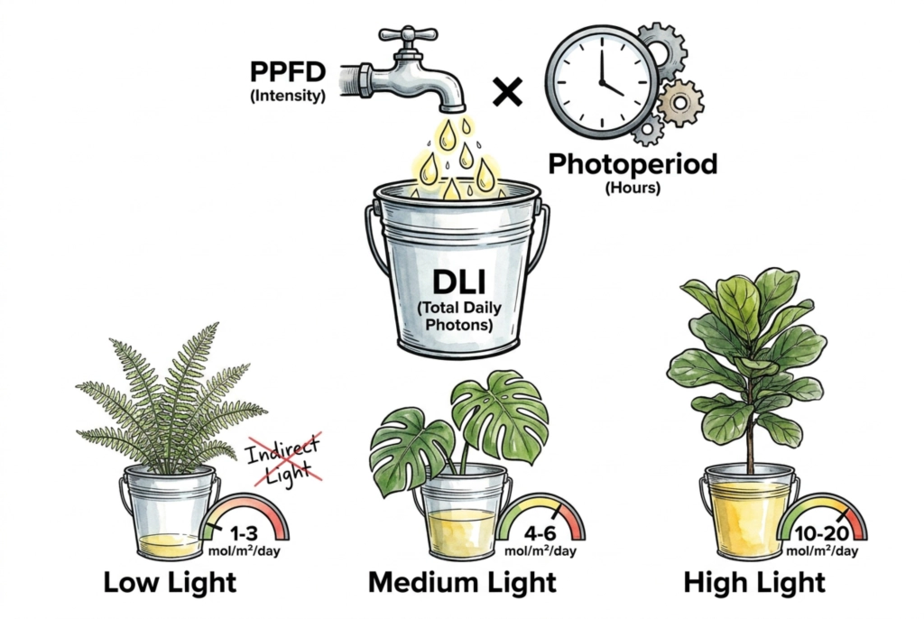 Ilustración del DLI como total diario de luz, representado como un recipiente que se llena durante el fotoperiodo