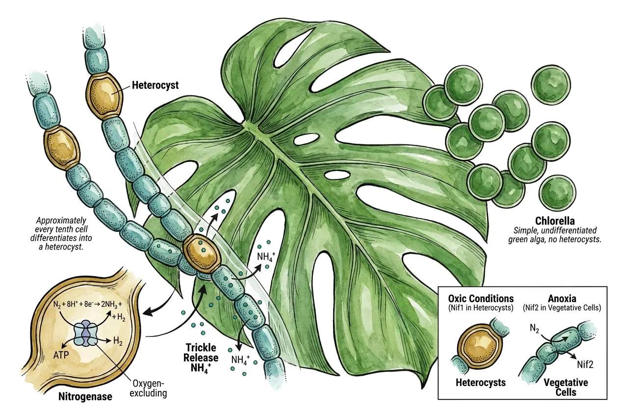 Conceptual illustration of a cyanobacterial filament with a heterocyst
