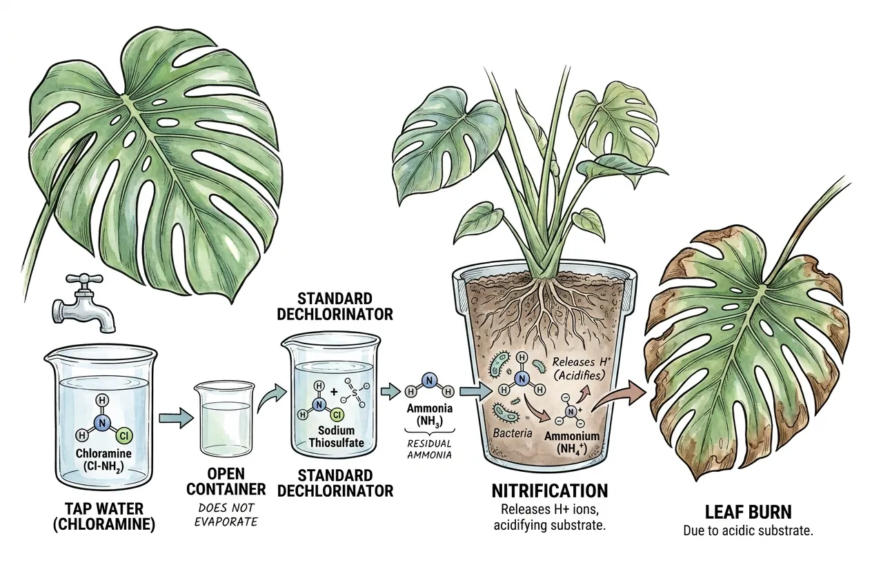 Conceptual illustration of chloramine persisting in tap water while chlorine off-gasses