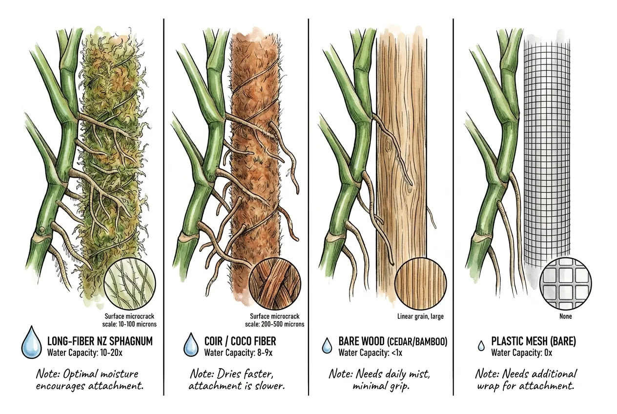 Pole materials compared: sphagnum, coir, wood, and bare plastic mesh
