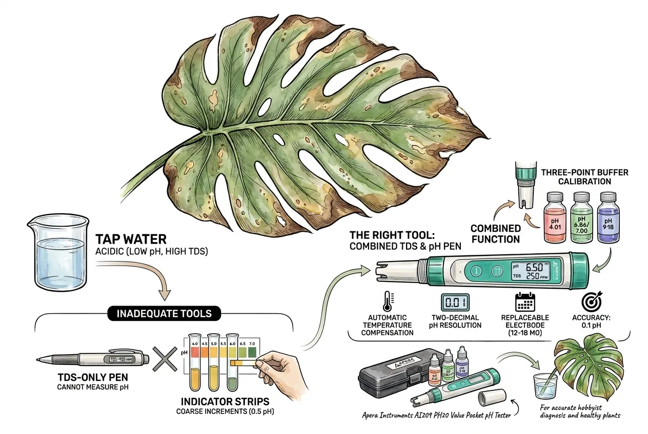 Conceptual illustration of a pocket pH pen and a separate TDS meter for hobbyist plant testing