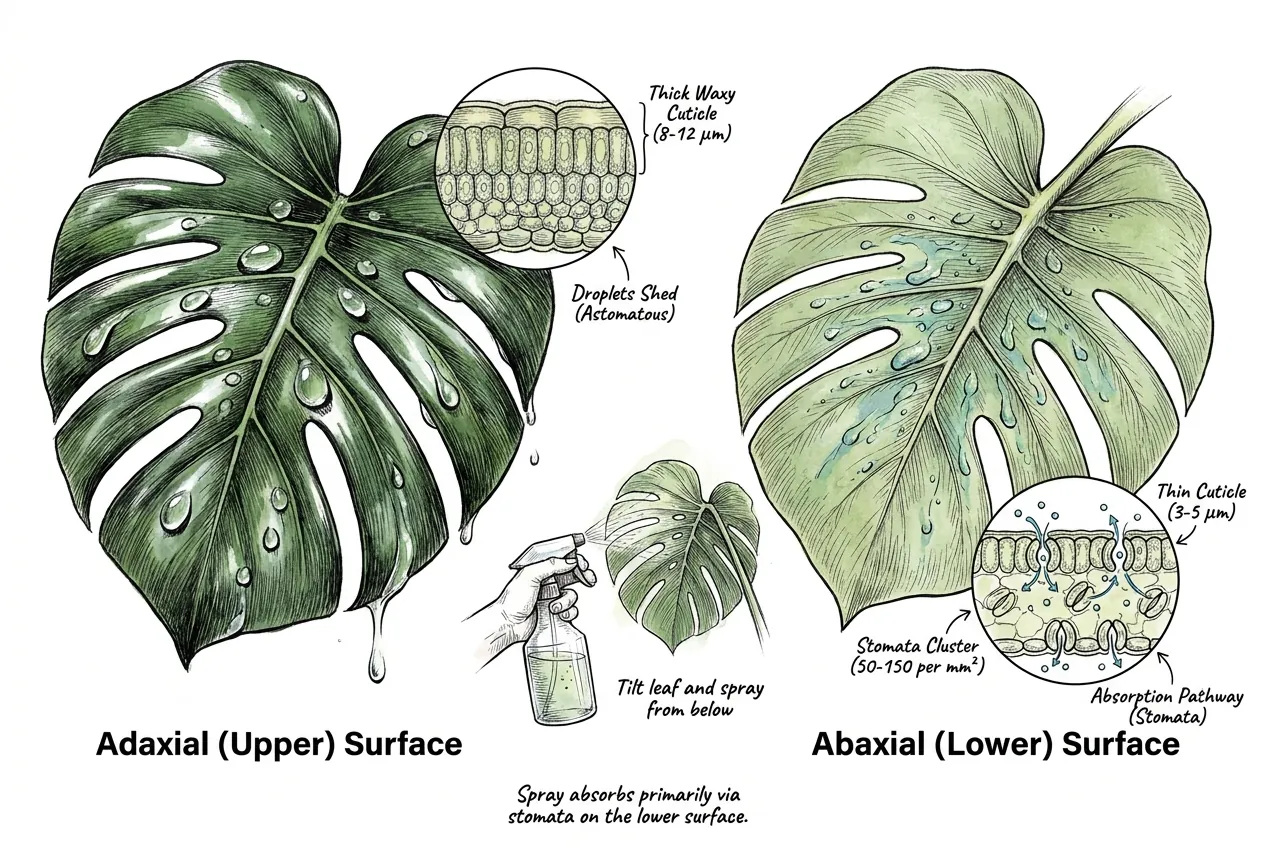 Conceptual leaf cross-section showing stomata on the underside