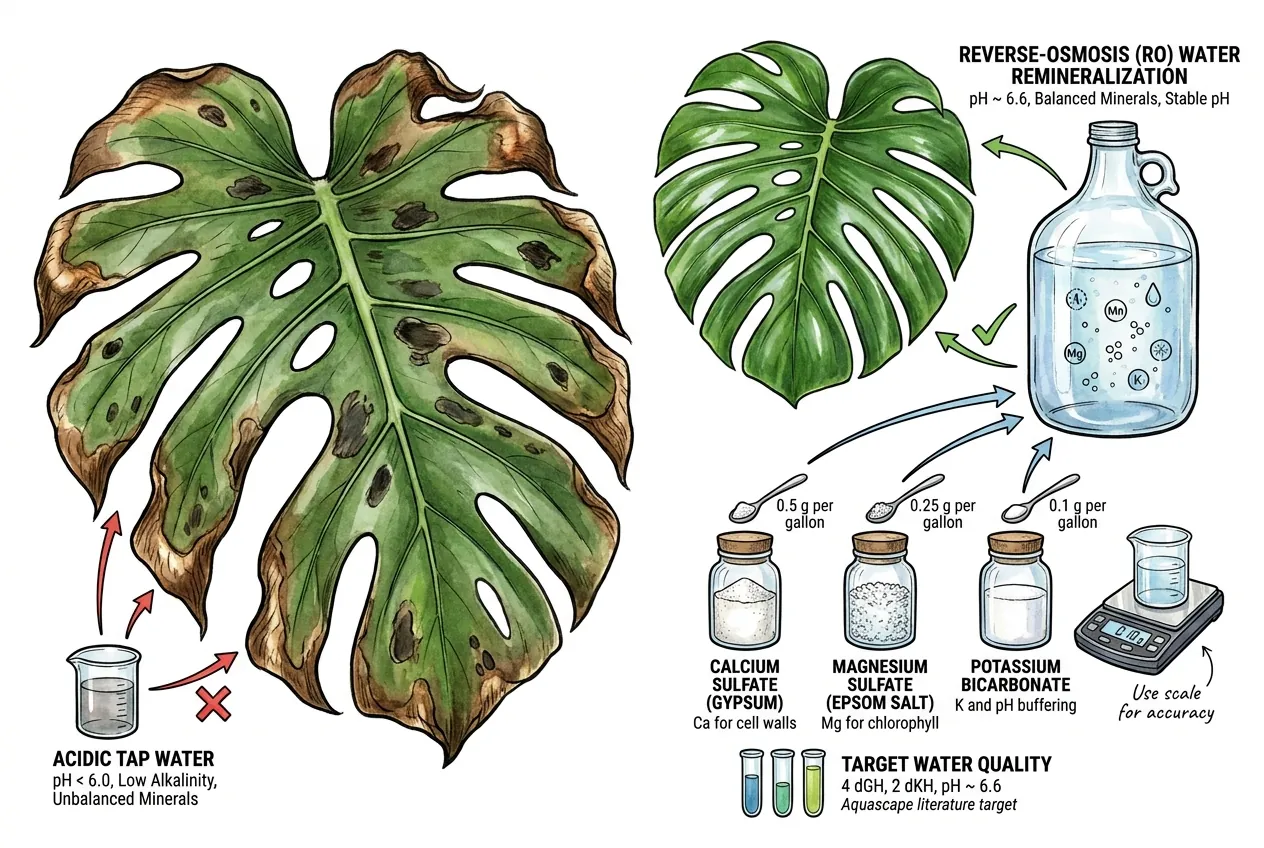Conceptual illustration of remineralizing RO water with calcium, magnesium, and potassium salts
