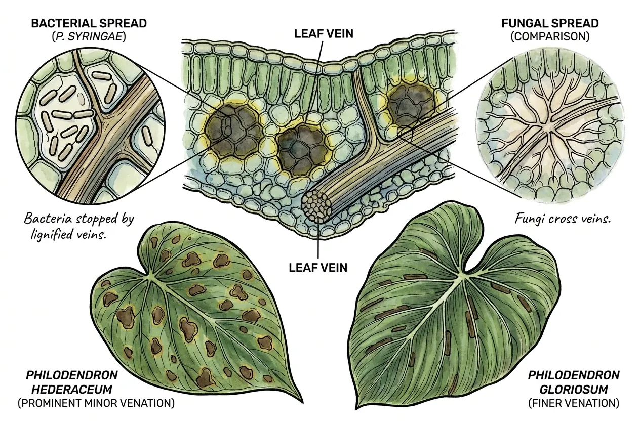 Angular dark lesion bordered by leaf veins on a philodendron leaf