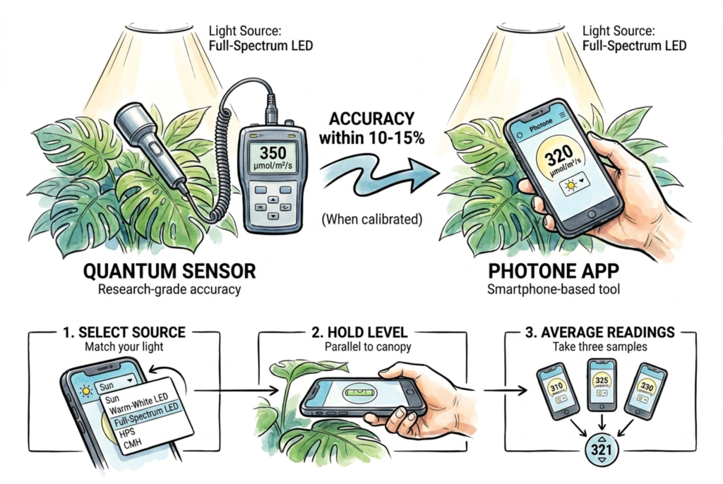 Teléfono con una aplicación de medición de luz sostenido a nivel de la copa de la planta