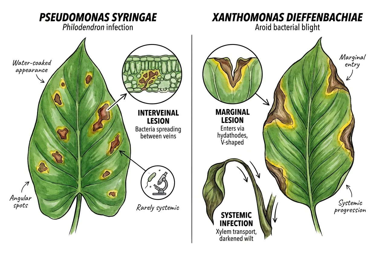 V-shaped marginal lesion entering a philodendron leaf edge