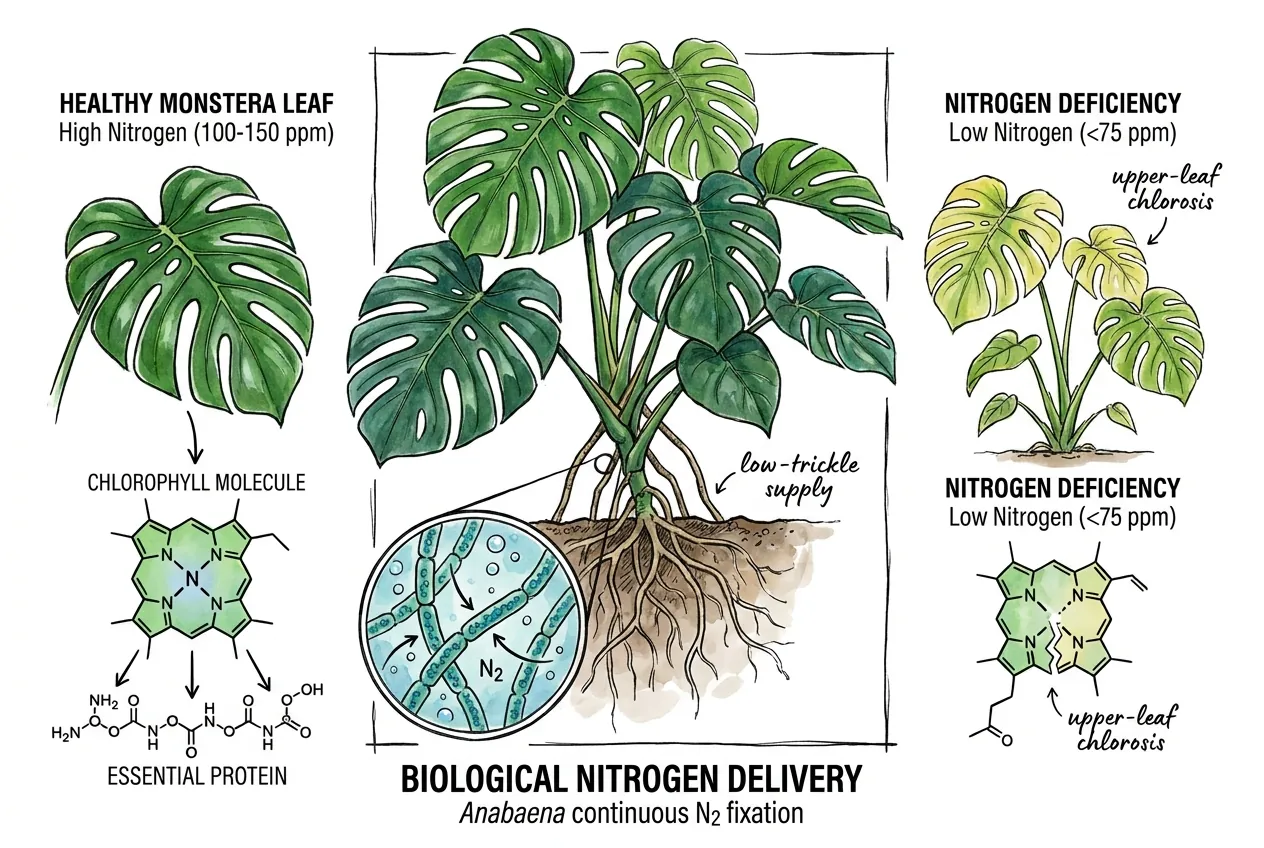 Illustration of a Monstera with a nitrogen-favoring feeding ratio; conceptual, not to scale
