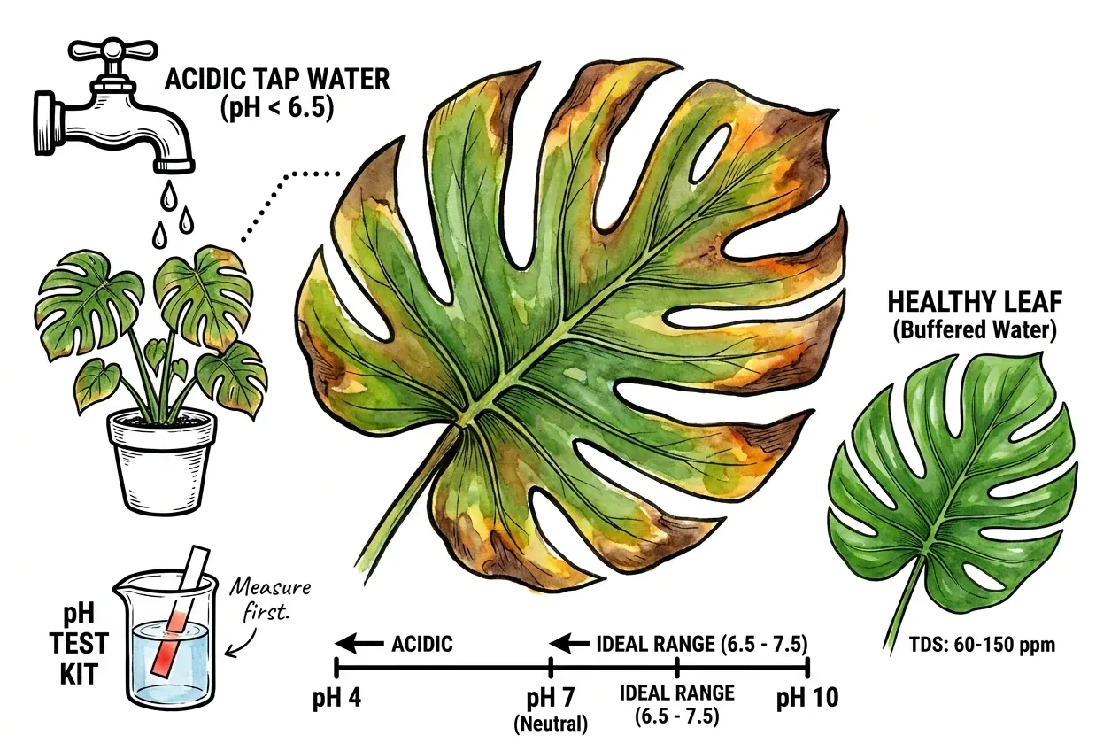 Conceptual illustration of testing tap water pH and TDS before changing a watering routine