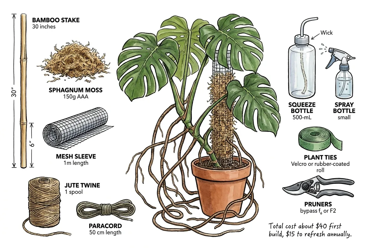 Wick-pole build materials: bamboo core, sphagnum, mesh, cord, and a reservoir bottle