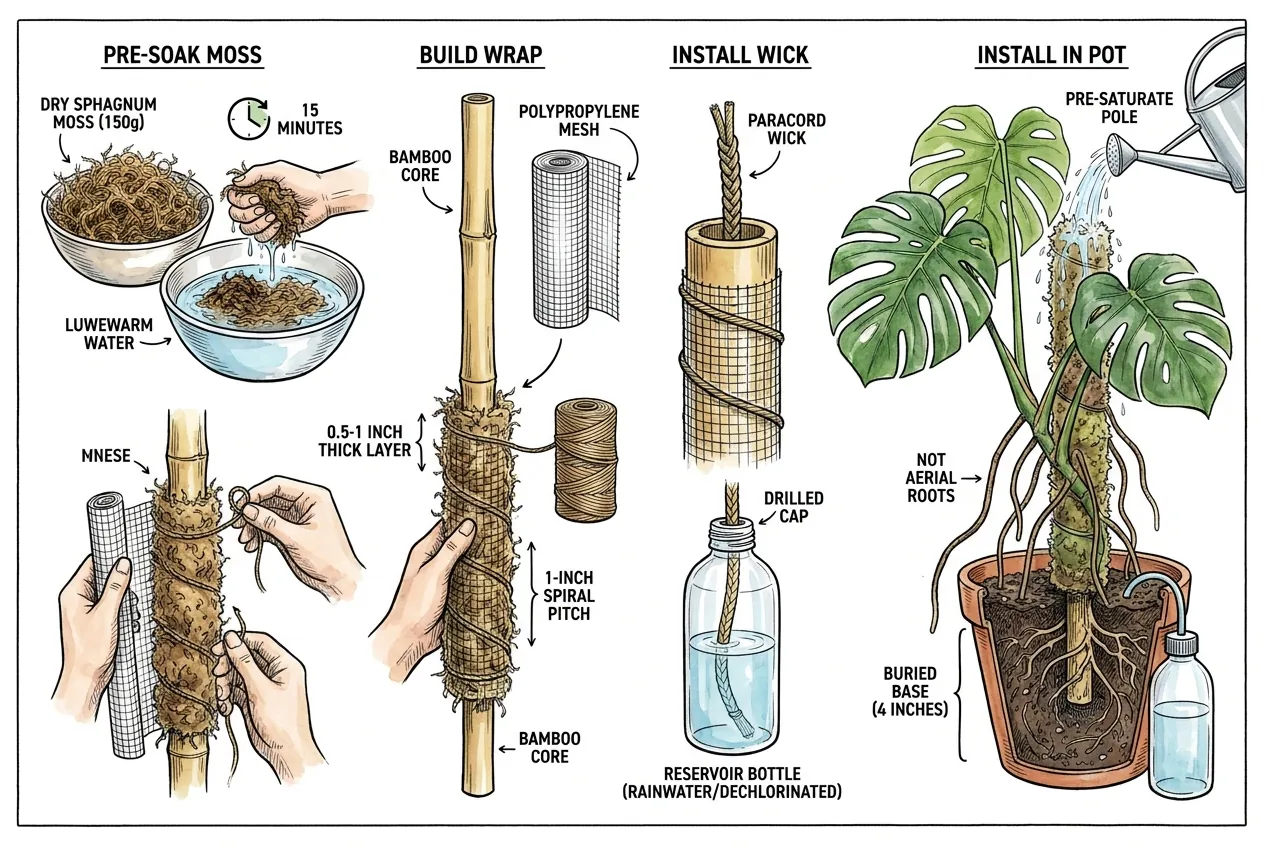 Wrapping a bamboo core with sphagnum and securing a mesh sleeve with twine