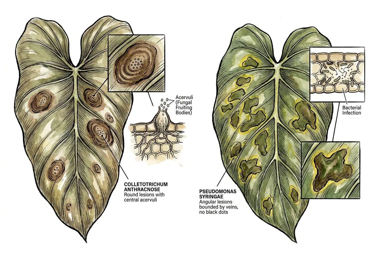 Round philodendron lesion with concentric rings and small central dark specks