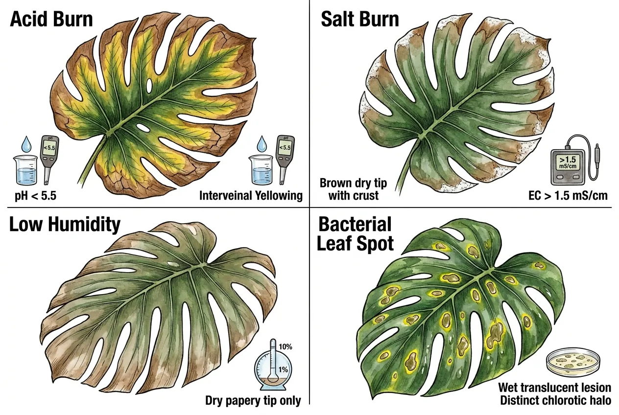 Conceptual illustration comparing common causes of Monstera leaf damage
