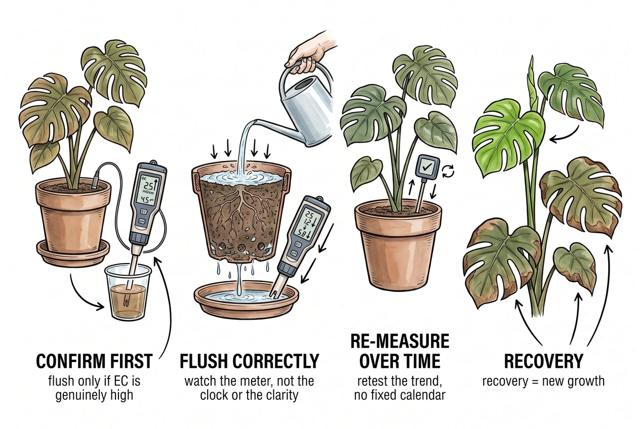 Conceptual illustration of flushing a Monstera substrate with pH-corrected water