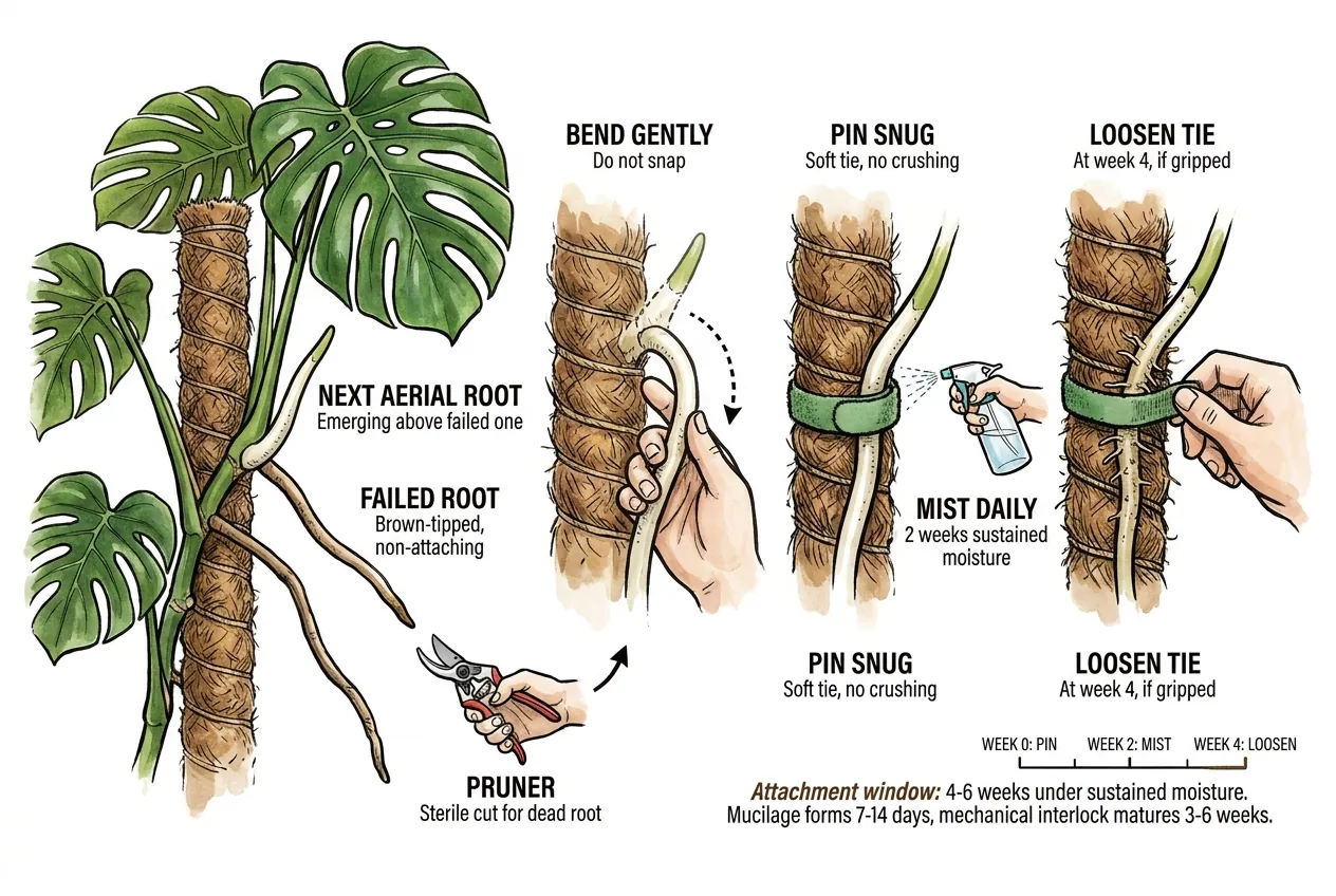 An aerial root gently guided against a moist sphagnum pole and held with a soft tie