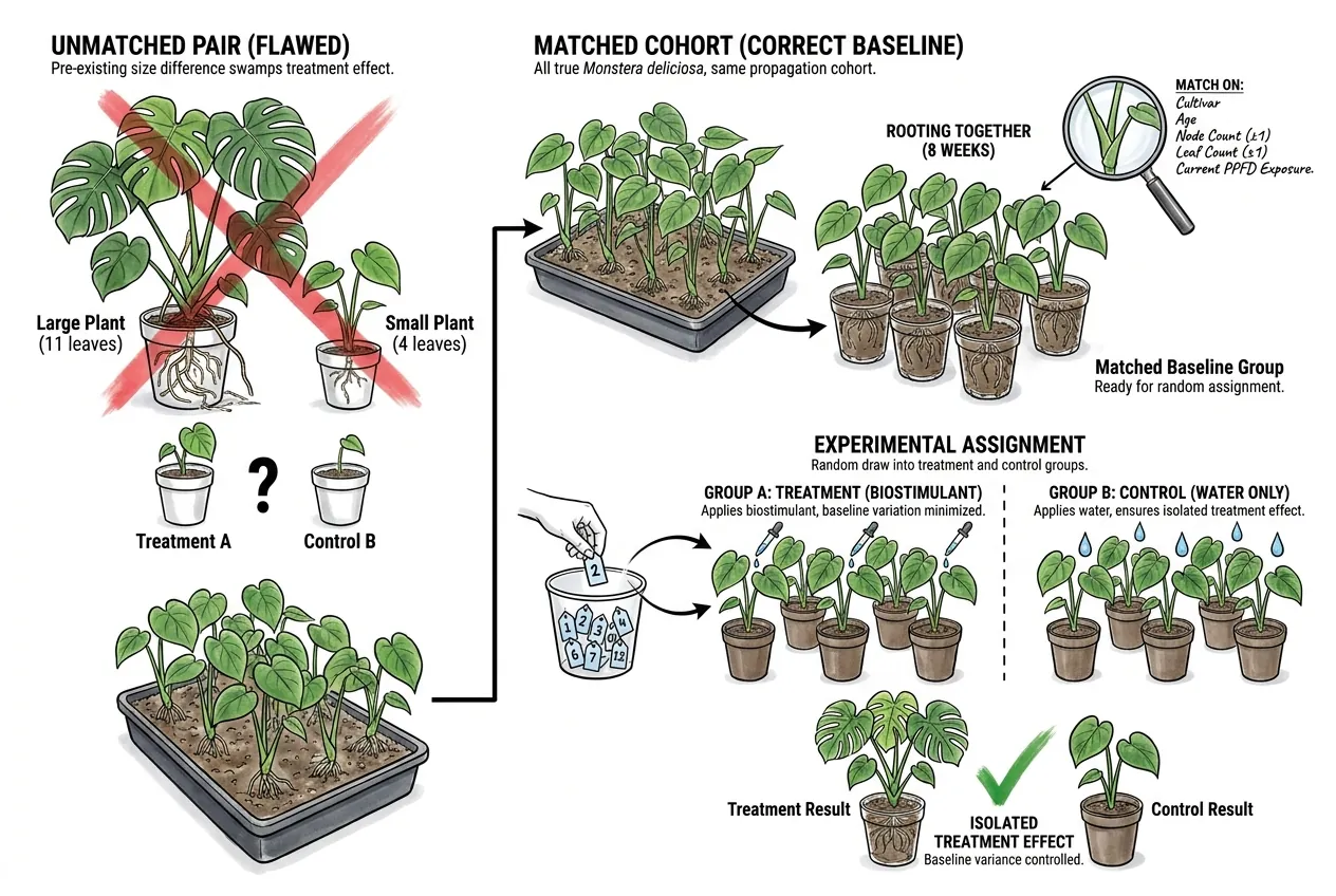 Illustration of Monstera cuttings arranged for baseline matching; conceptual