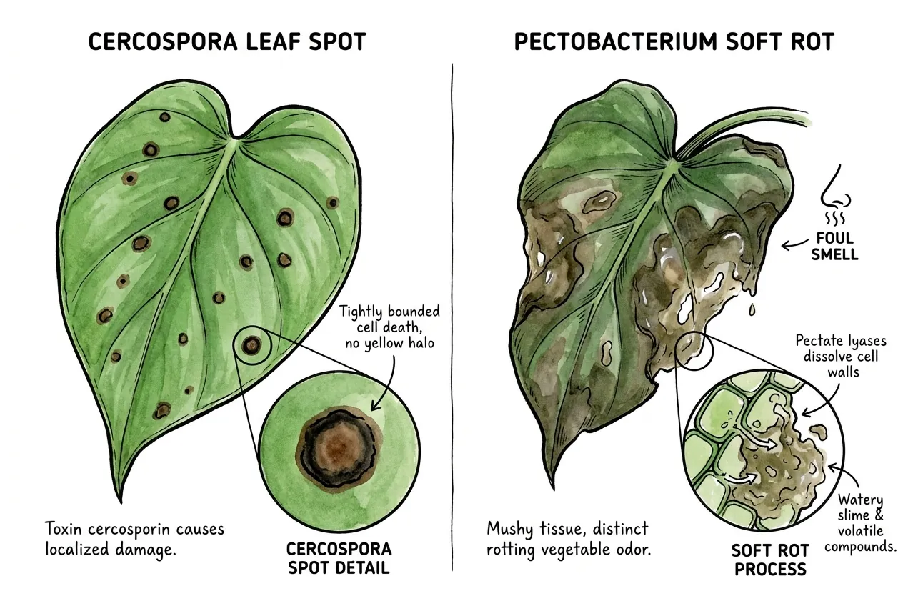 Small sharp-bordered spots beside a mushy, slimy area of soft rot