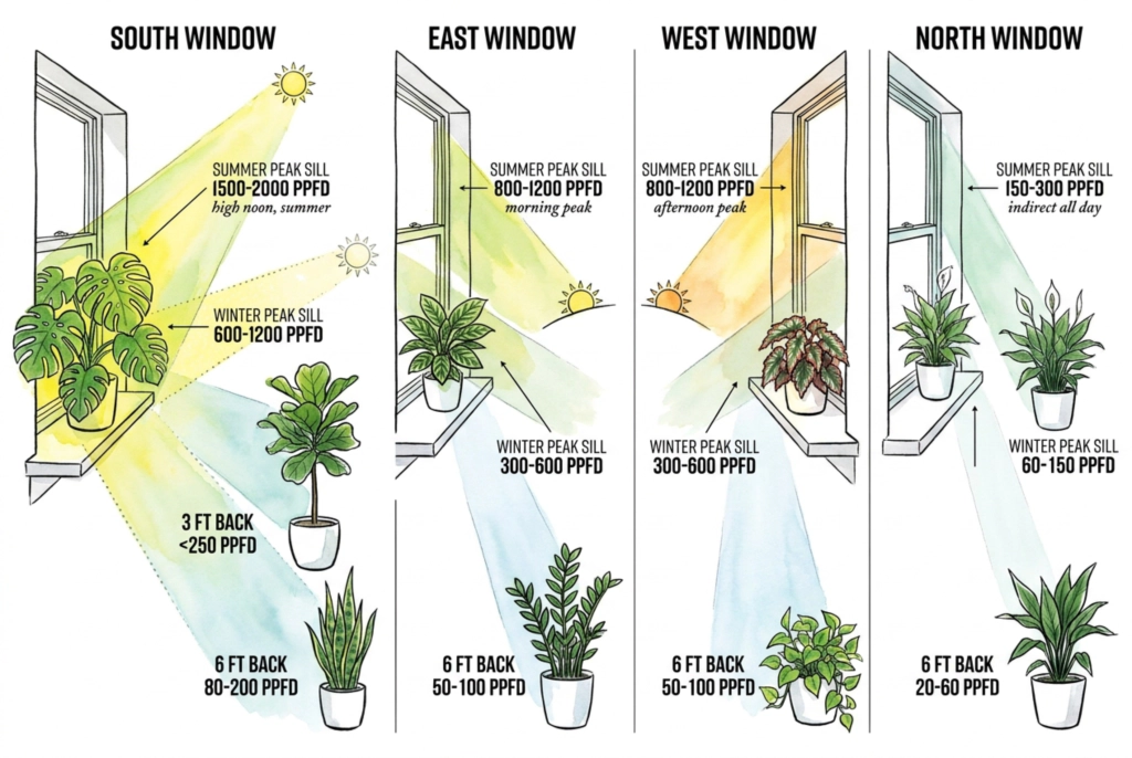 Vista superior que compara los niveles relativos de luz en ventanas orientadas al norte, sur, este y oeste